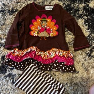Rare Editions Brown Dress with Turkey Applique and Striped Leggings